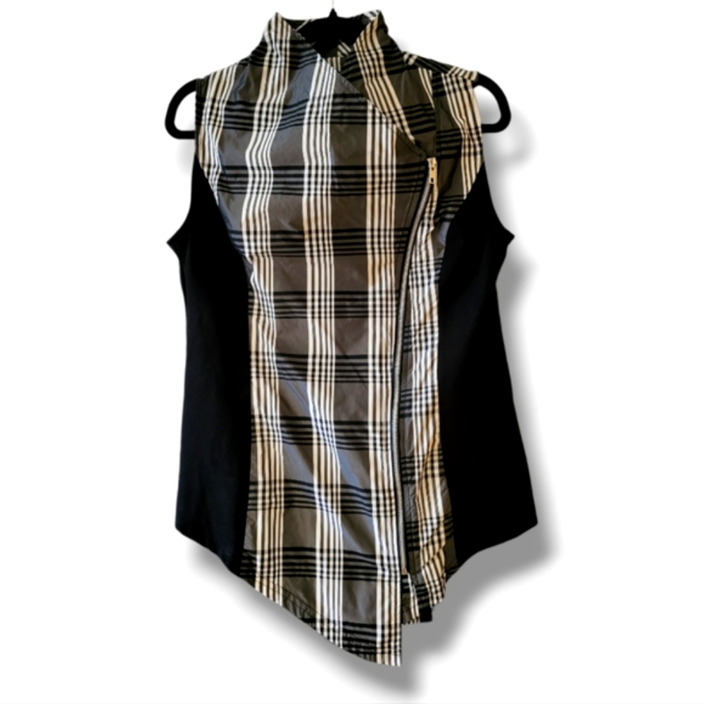 Black and White Plaid Taffeta Stretch Zip-up Vest Sleeveless Top